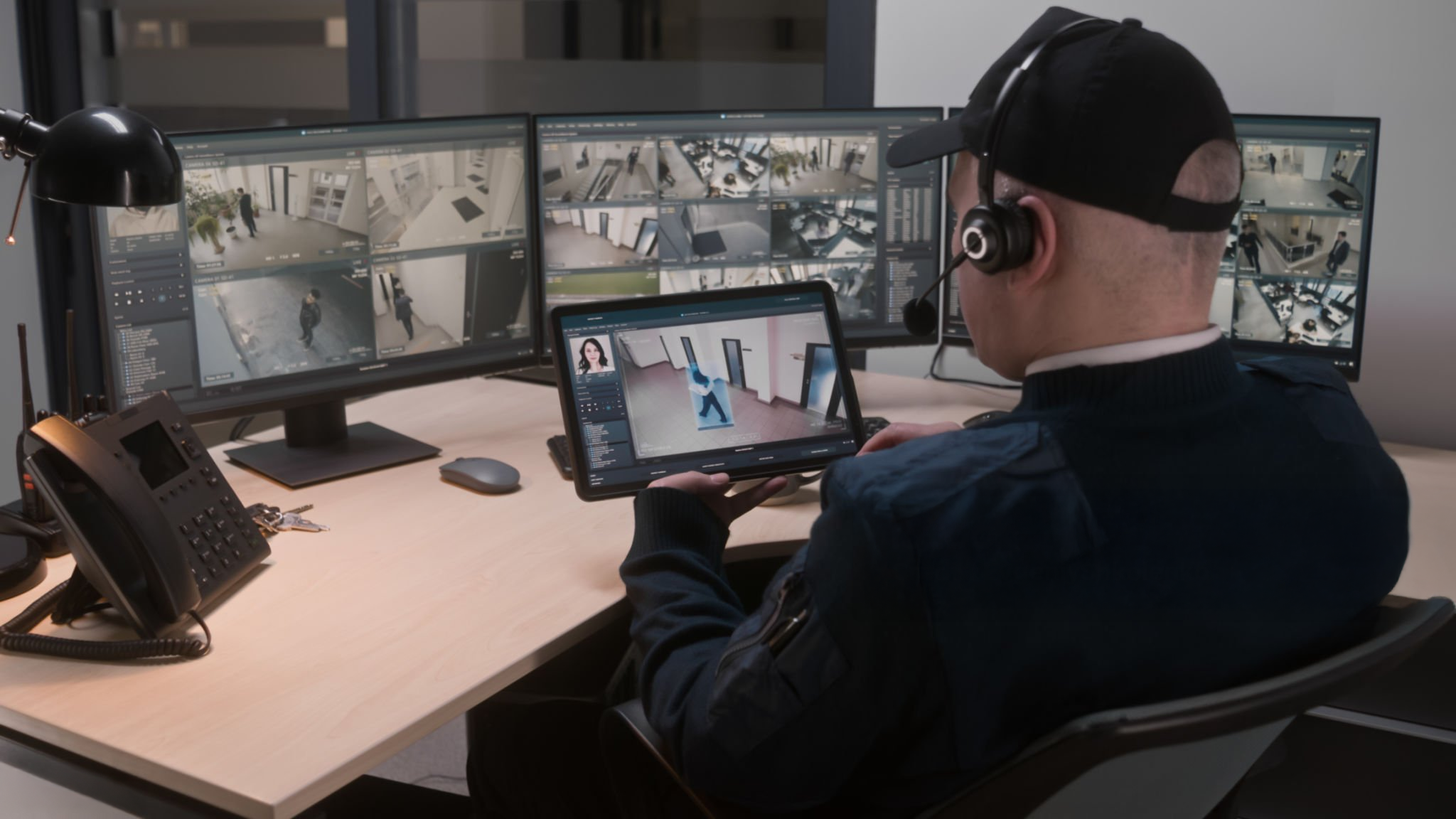 Professional security monitoring center with multiple surveillance screens